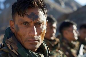 A soldier with a face paint on his face photo