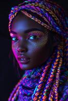 A woman with colorful braids and bright makeup photo