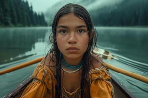 A young girl in a canoe on a lake photo