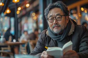 An asian man reading a book in a cafe photo
