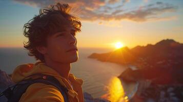 A young man with a backpack standing on top of a mountain at sunset photo