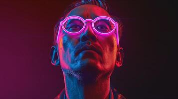 A man wearing glasses and a neon light photo