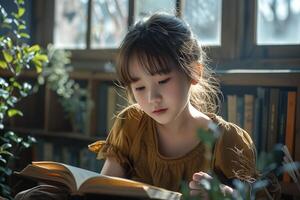 A young girl is reading a book in a library photo