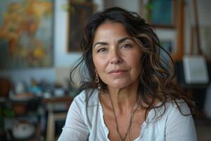 A woman with long hair sitting in front of a painting photo