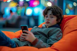A boy sitting on an orange bean bag chair photo