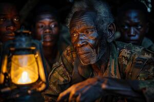An old man sitting in front of a group of men photo