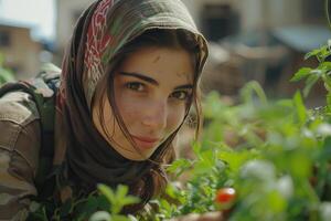 A woman in a military uniform is looking at a tomato photo