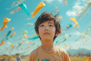A young boy standing in front of a field of kites photo