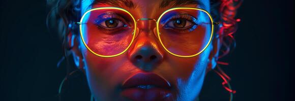 A woman with neon glasses and a red and blue face photo