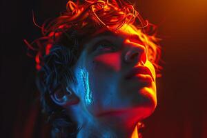 A man with red hair and blue eyes looks up photo