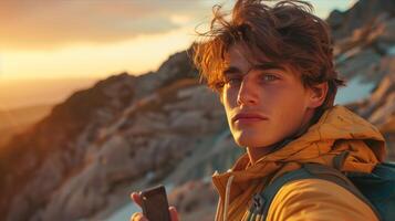 A young man is taking a selfie with his cell phone photo