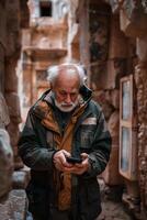 An old man is using his phone in a cave photo