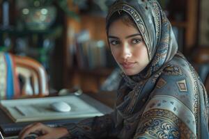 A woman in a hijab is working on her laptop photo