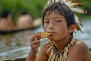 A young boy eating a piece of food photo