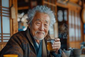 An old man drinking tea in front of a wooden table photo