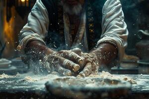 An old man is making flour in a kitchen photo