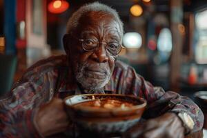 An elderly man with glasses and a bowl of soup photo