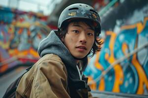 A young man wearing a helmet and jacket sitting on a skateboard photo