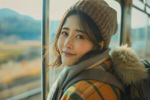 A woman wearing a hat and scarf looking out the window photo