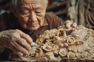 An old man is working on a carved wooden sculpture photo