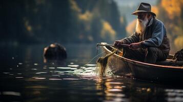An old man with a beard and hat is sitting in a boat photo