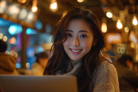 un mujer sonrisas mientras utilizando un ordenador portátil computadora foto