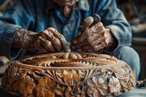 An old man is working on a wooden carving photo