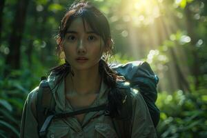 A woman with a backpack in the woods photo