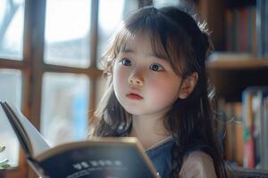 A little girl is reading a book photo
