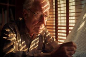 An older man with glasses reading a newspaper photo