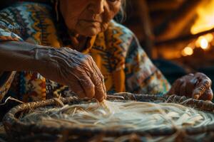 An old woman is making a basket with some yarn photo