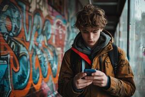 A young man is standing in front of a graffiti covered wall photo