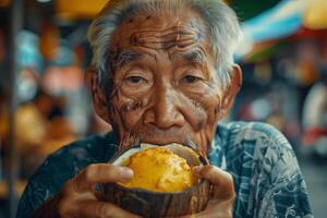 An old man eating a coconut photo