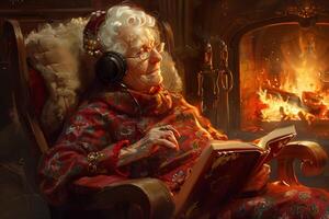 An old woman wearing headphones sits in front of a fireplace photo