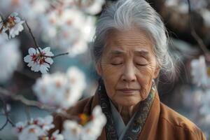 An elderly woman with her eyes closed in front of a flowering tree photo