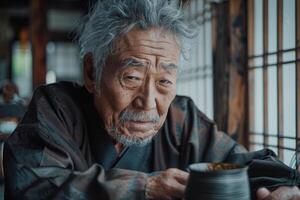 An old man sitting at a table with a cup of tea photo