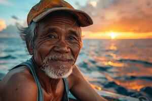 An old man smiles while sitting on a boat at sunset photo