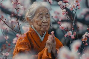 An elderly woman in an orange robe is praying photo
