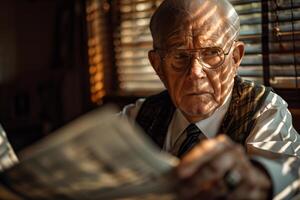 An older man reading a newspaper photo