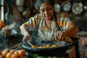 An older woman cooking in a kitchen with a pan photo