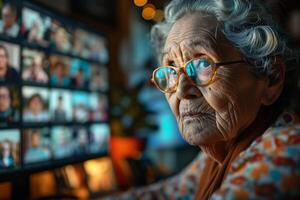 An elderly woman with glasses on looking at a computer screen photo