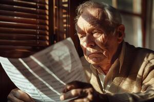 An elderly man is reading a paper photo