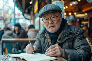 An elderly man is writing in a notebook photo