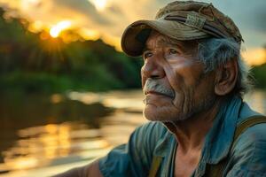 An older man in a hat sitting on the bank of a river photo