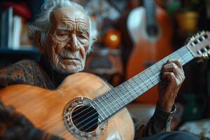 An old man playing an acoustic guitar photo