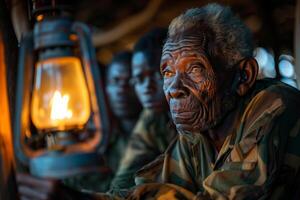 An old man holding a lantern in front of other men photo