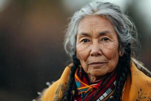 An older woman with braids and a yellow scarf photo