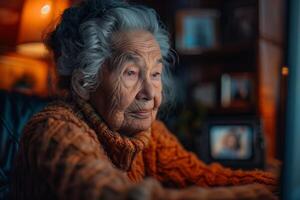 An elderly woman is sitting at a computer photo