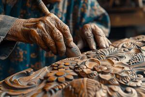 A close up of a person working on a carved piece of wood photo