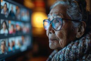 An older woman wearing glasses looks at a computer screen with many people on it photo